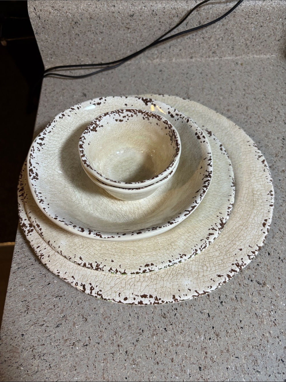 Pier 1 Cream Crackle Glazed Stoneware Dinnerware Set with Brown Distressed Rim